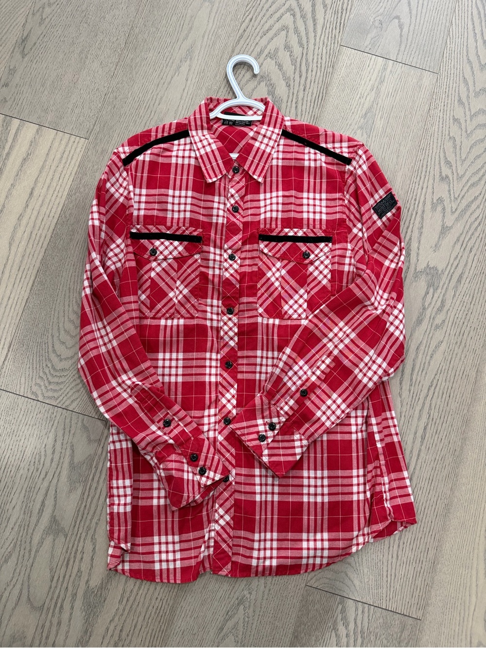 Red & White Plaid Button-Down Shirt with Black Trim